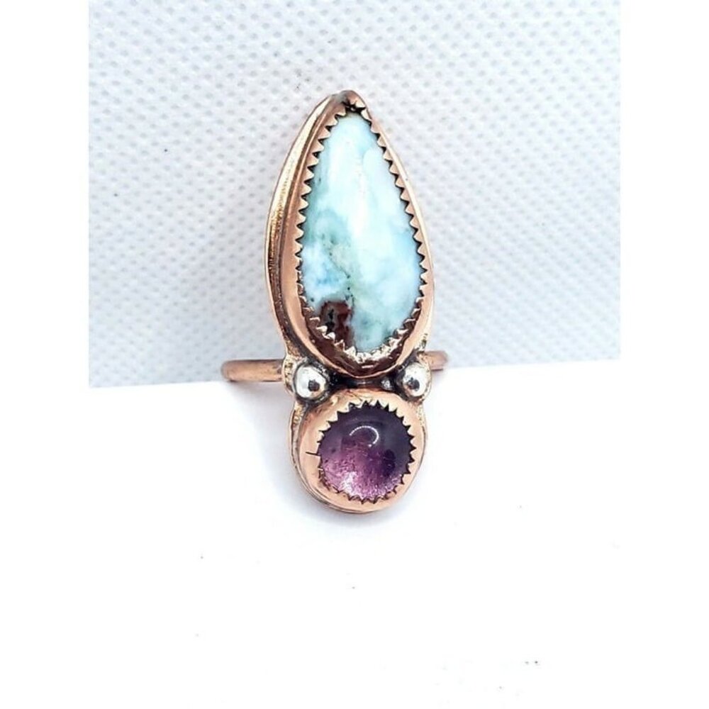 Amethyst and Larmiar Crystal Statement Ring Handmade Copper Jewelry Boho - Picture 8 of 12